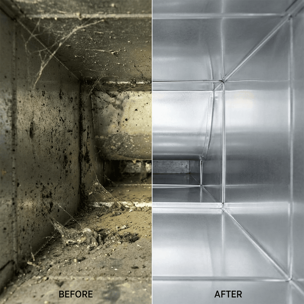 Before and after air duct cleaning - extremely dirty moldy ductwork transformed to pristine clean metal interior