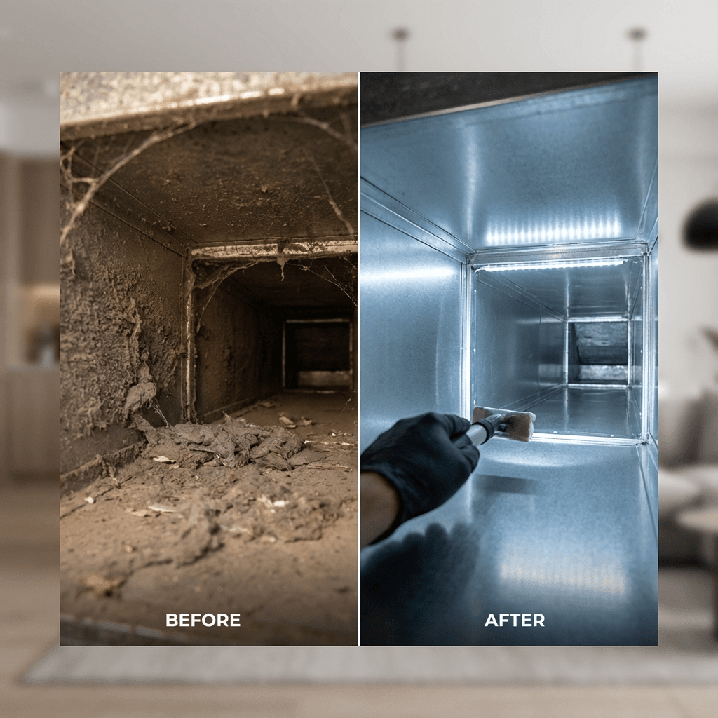 Before and after ductwork cleaning - heavily soiled debris-filled duct to clean bright metal with LED lighting