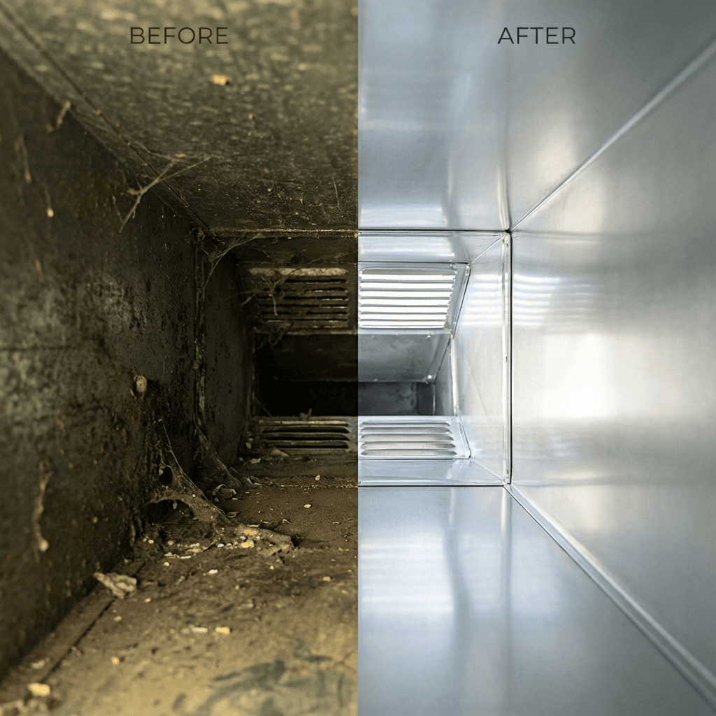Before and after HVAC duct cleaning - dirty dusty ductwork with visible grime to bright shiny clean metal