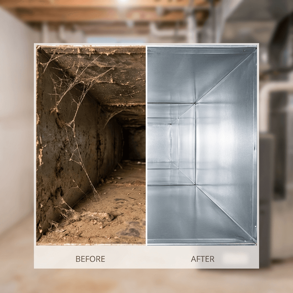 Before and after ductwork cleaning - cobweb-filled dusty duct to immaculately clean metal with perfect corners