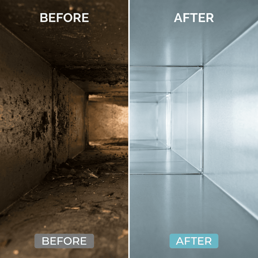 Before and after air duct cleaning comparison - moldy contaminated ductwork to clean blue-tinted metal ducts